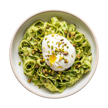 Bowl of pasta with pesto and poached egg, PNG with transparent background.
