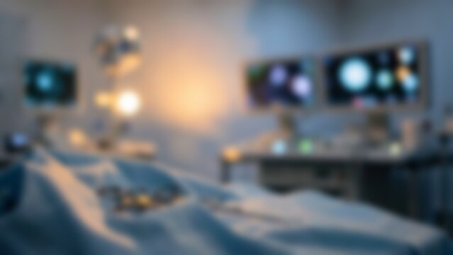 Blurred abstract medical background of a modern hospital operating room with equipment for healthcare presentations or virtual meeting backdrops