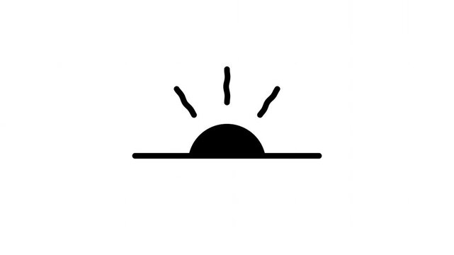 A minimalist black and white icon depicting a rising sun or setting sun with radiating lines above a horizon line, symbolizing dawn or dusk.