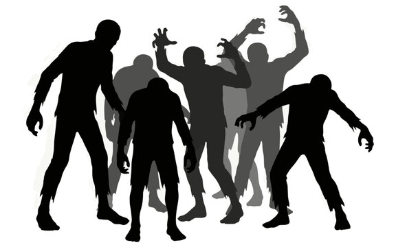 A group of zombies standing together in a dark silhouette style, isolated on a white background, horror themed