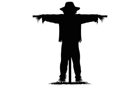 A dark silhouette of a scarecrow with arms outstretched in at-pose position isolated on a white background, for and projects