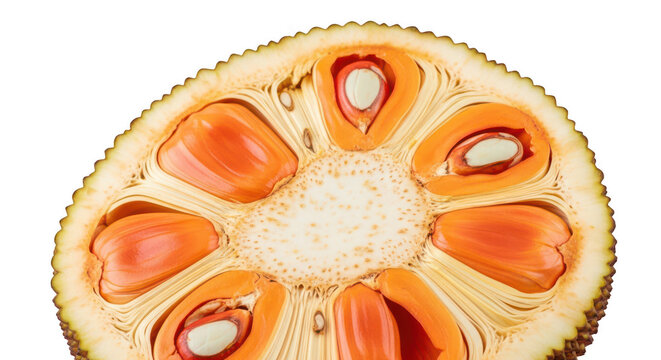 Cross section of ripe jackfruit displaying vibrant orange pods on isolated white.