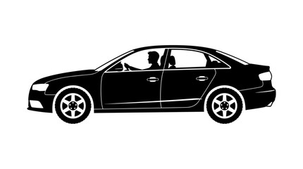 Naklejka premium Sedan Car Silhouette Vector with Driver Inside for Automotive Insurance Commercials, Transportation App Icons, Traffic Rules Signage, and Vehicle Graphics
