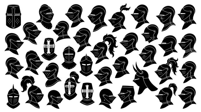 Medieval Knight Helmet Silhouette Icon Set Featuring Historic Armor Headwear Elements for Gaming Logos, Heraldry Designs, and Warrior Graphics