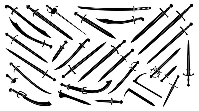 Medieval Sword and Blade Weapon Silhouette Icon Set Featuring Katana Saber Scimitar Dagger and Rapier Vectors for Historical Warfare Gaming and Martial Arts