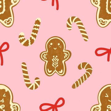 Christmas Cookie Repeat Pattern With Pink Bows