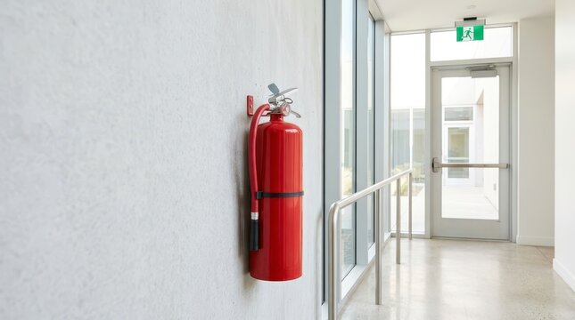 Fire Extinguisher Installed in Modern Hallway Near Doorway of Commercial Building with Natural Light