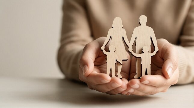 Hands cradle wooden family figures representing protection and financial planning. Symbolizes care, security, and generational wealth building for loved ones at home.
