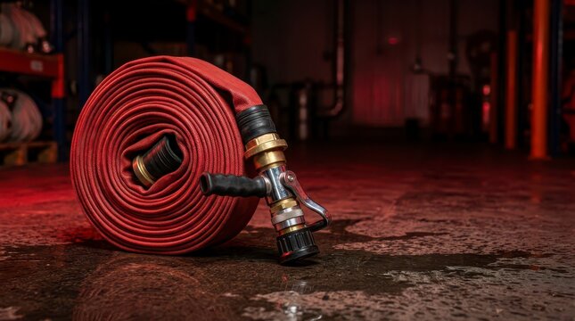 Fire Hose Equipment on Wet Floor in Industrial Warehouse Setting with Emergency Response Focus
