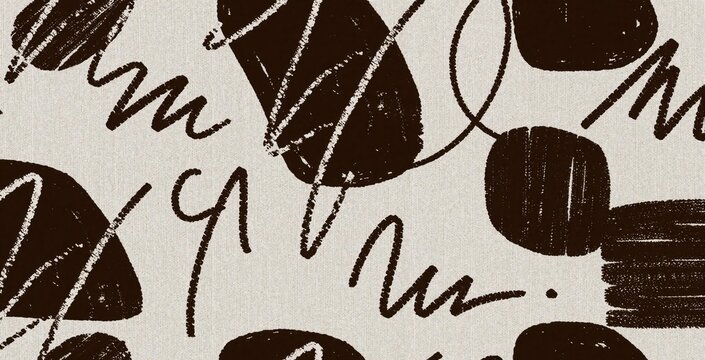 Abstract hand drawn pattern with brown strokes and shapes on beige background. Doodle art style, imperfect lines, scribbles and organic forms create modern texture.