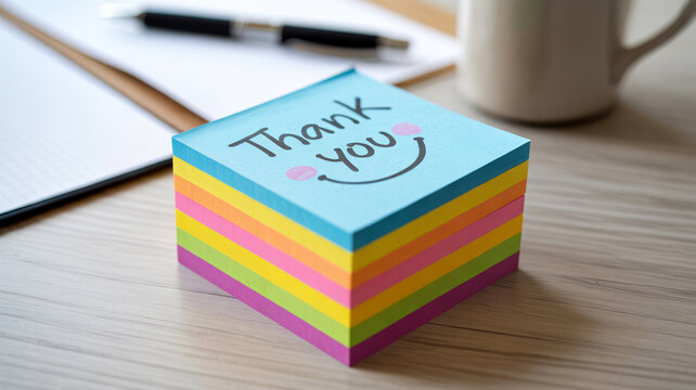 Stack of colorful sticky notes with thank you text on wooden office desk.