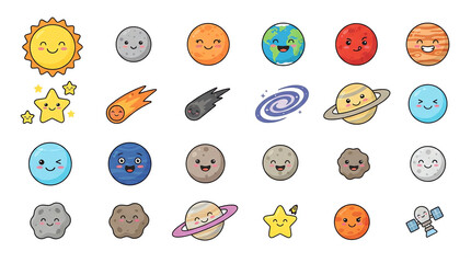 Kawaii space icons set, cute cartoon planets and solar system characters. 24 colorful galaxy stickers for kids education. © fahimrijwan