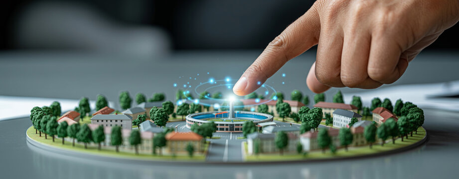 Hand touching interactive holographic model of city center with futuristic glowing connections.