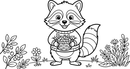 Cute raccoon holding a basket of flowers simple line art illustration isolated on transparent background © Mansura