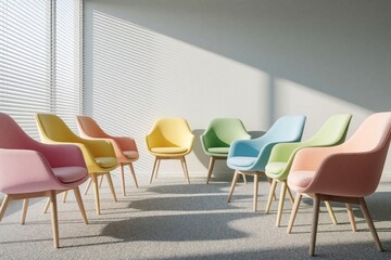 Fototapeta premium Modern waiting room features pastel chairs arranged in a circle with blinds casting shadows. Soft light fills the space creating a calm, minimalist aesthetic ideal for therapy or office waiting areas.