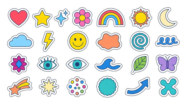 Retro colorful sticker set with 28 icons. Vibrant pop art patches including rainbow, heart, and sun. Cute cartoon doodle collection.