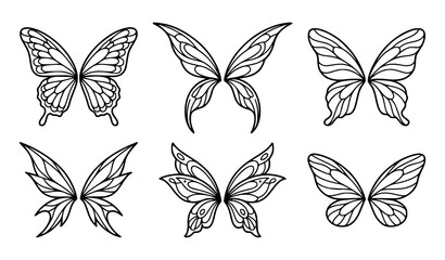 Fototapeta premium Fairy wings line art icon set with delicate fantasy wing outline vector designs