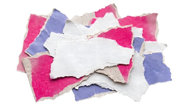 Torn graphic paper pieces and colorful scraps isolated on white background