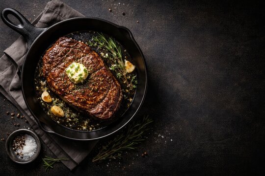 Seared ribeye steak with herb butter, garlic, and rosemary in a cast iron skillet. Rustic gourmet food composition with copy space for restaurant menu or recipe design.