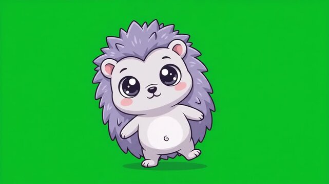Cute cartoon hedgehog with purple quills and big eyes on a green screen background, adorable animal illustration.