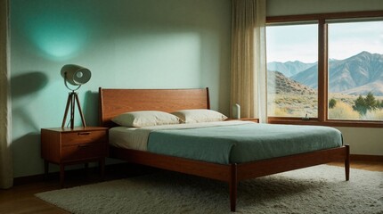 Fototapeta premium Mid century bedroom with teak bed and retro lamp. Teal light shines on wall. Mountain landscape views from large window. Cozy minimalist interior.