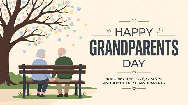 Elderly couple sitting together on a wooden park bench holding hands under a stylized tree with colorful heart leaves celebrating national grandparents day with joy