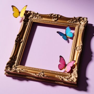 Vintage gold frame sits on pastel purple background. Colorful butterflies fly around ornate empty picture frame. Creative spring layout with yellow, blue, pink butterflies. Retro 90s aesthetic