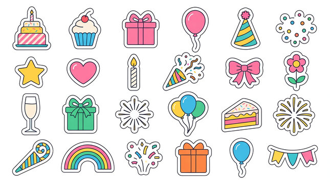 Colorful birthday sticker set, 24 party celebration icons. Cute pastel holiday elements for greeting cards and scrapbooking.
