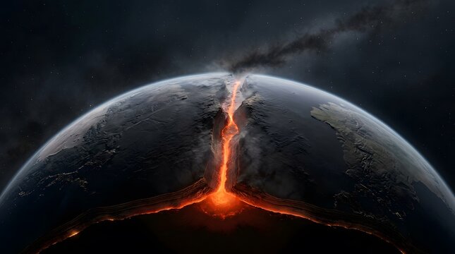 Planet earth cracking, lava and destruction in space with world apocalypse, catastrophe and global disaster. Sci-fi world, magma and cosmic rift for geology, science news and movie poster environment