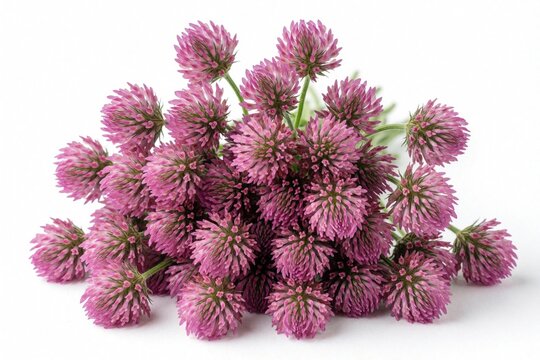 Bunch of pink clover flowers on white backdrop. Wild meadow blossoms with green stems and leaves, botanical plant details for nature or health themes.