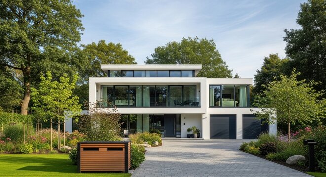 Modern luxury white house with large windows and lush garden