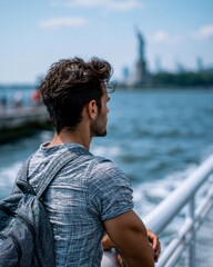 Fototapeta premium Gazing at the Iconic Statue of Liberty From the Vibrant New York Harbor