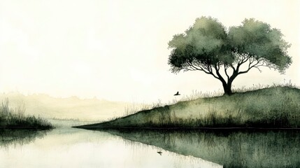 Fototapeta premium Watercolor painting depicts a solitary tree atop a grassy bank beside still water