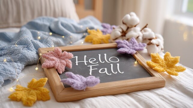 Decorative autumn display featuring a wooden frame with the text Hello Fall, surrounded by colorful knitted leaves and cotton bolls on a cozy bed with a soft blanket