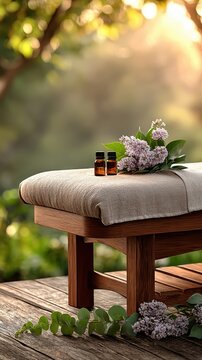 Wooden massage table with essential oil bottles and fresh lilac flowers placed on a soft fabric in a serene outdoor setting surrounded by greenery