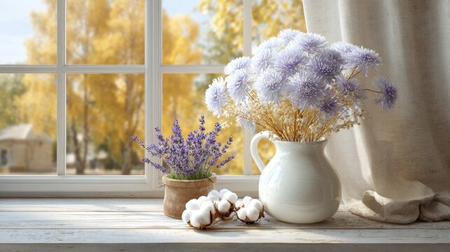 White ceramic pitcher filled with lavender flowers and cotton bolls on a wooden windowsill, with a view of autumn trees and a soft curtain in the background