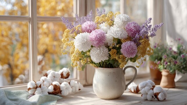 Colorful bouquet of white, pink, and yellow flowers in a ceramic pitcher on a wooden table with cotton bolls and a window view of autumn foliage