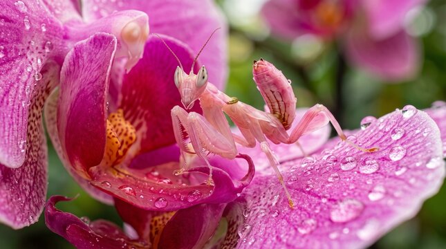 Pink orchid mantis camouflaged on magenta flower petals. Hymenopus coronatus insect with water droplets. Exotic tropical nature macro photography.