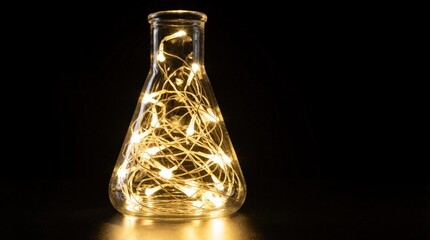 Fototapeta premium Glass flask contains bright fairy lights creating warm glow. Abstract symbol for science creativity innovation and new ideas. Black background.