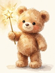 Fototapeta premium Cute brown teddy bear holds magic wand with glowing star. Fluffy stuffed animal sits alone on white background. Soft watercolor illustration of cuddly toy for kids. Magical fantasy concept for baby