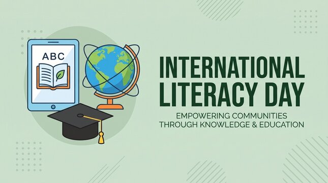International literacy day banner featuring a flat vector illustration of a digital tablet globe and graduation cap on a light green background with modern graphic elements.