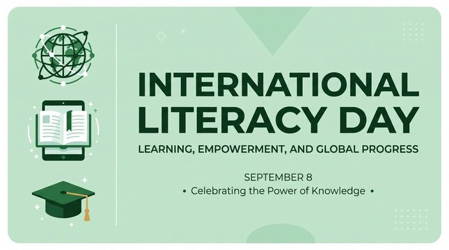 International literacy day concept poster features minimalist green background with academic icons of a global network book tablet and mortarboard for global educational celebration event