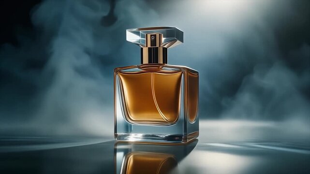 Elegant Glass Perfume Bottle with Golden Liquid and Soft Smoke Wisps in Dramatic Lighting Keywords: perfume, bottle, fragrance, luxury, elegant, glass, golden, liquid, amber, color, spray