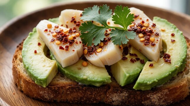 Gourmet avocado toast on rustic bread with heart of palm, chili flakes. Healthy vegan breakfast brunch served on wooden plate. Sliced avocado topped with spicy red pepper, fresh cilantro herb garnish