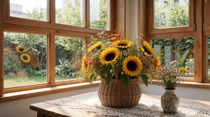 Fototapeta premium Bright modern loft interior with wooden windows. Large basket of yellow sunflowers, small daisy vase sit on table with white lace cloth. Sunny garden view through glass. Cozy home atmosphere with