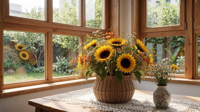 Bright modern loft interior with wooden windows. Large basket of yellow sunflowers, small daisy vase sit on table with white lace cloth. Sunny garden view through glass. Cozy home atmosphere with
