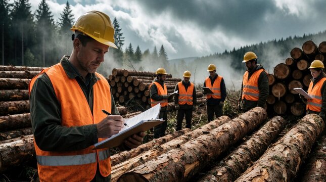 Group of workers in orange safety vests inspects logging site documentation surrounded by massive cut logs. Foremen use clipboard recording operations under cloudy skies above stacked timber piles.