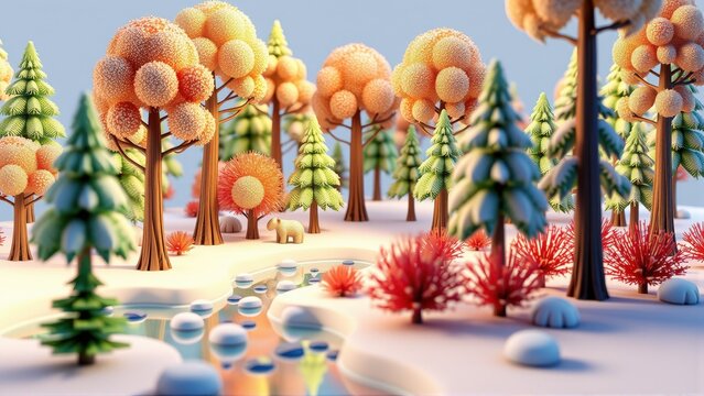Stylized winter forest scene. Trees covered with snow, small river flows through landscape. Bear visible among foliage. Peaceful, calm setting.