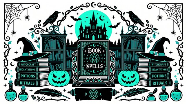 Halloween haunted spellbook with glowing green magic and flying bats on gothic tombstone