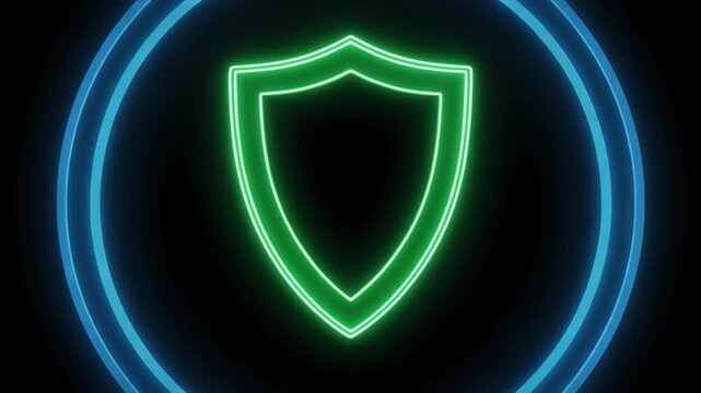 Neon Shield Icon with Blue Ring on Black Background security protection